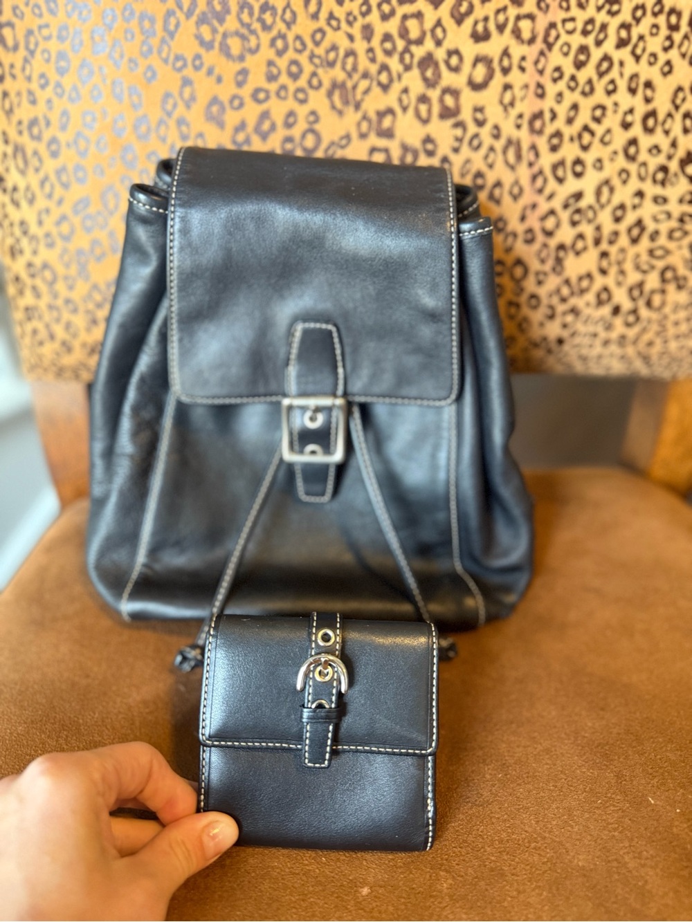 Vintage Coach Black Leather Backpack with Matching Coin Purse